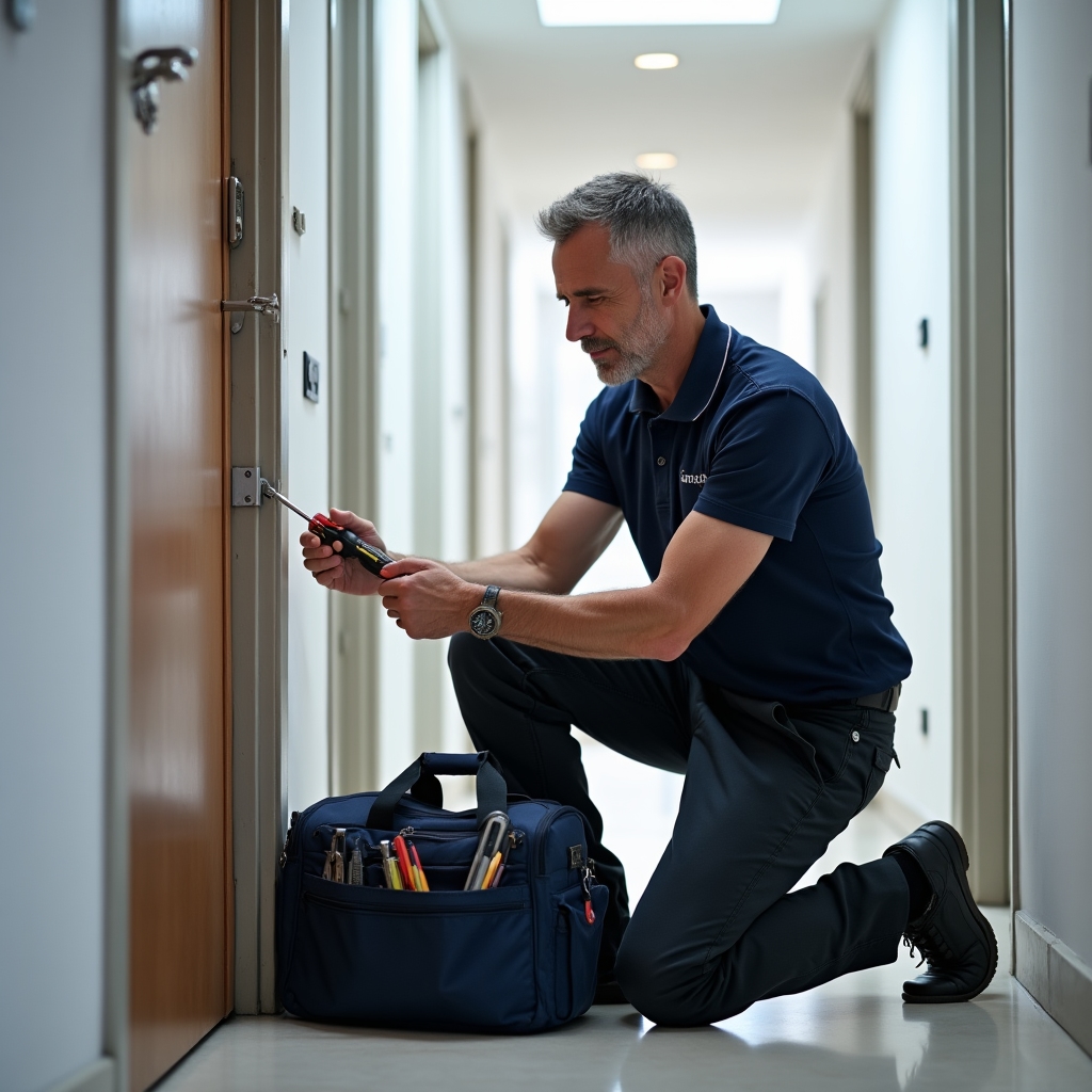 Handwerker bei Kleinreparatur in Wohnanlage